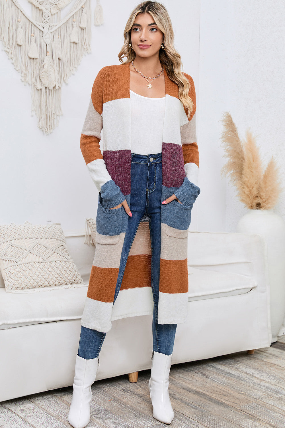 Long Color Block Open Front Pocketed Cardigan-Angel Casuals