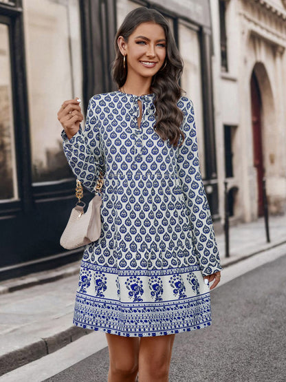 Printed Tie Neck Long Sleeve Dress-Angel Casuals