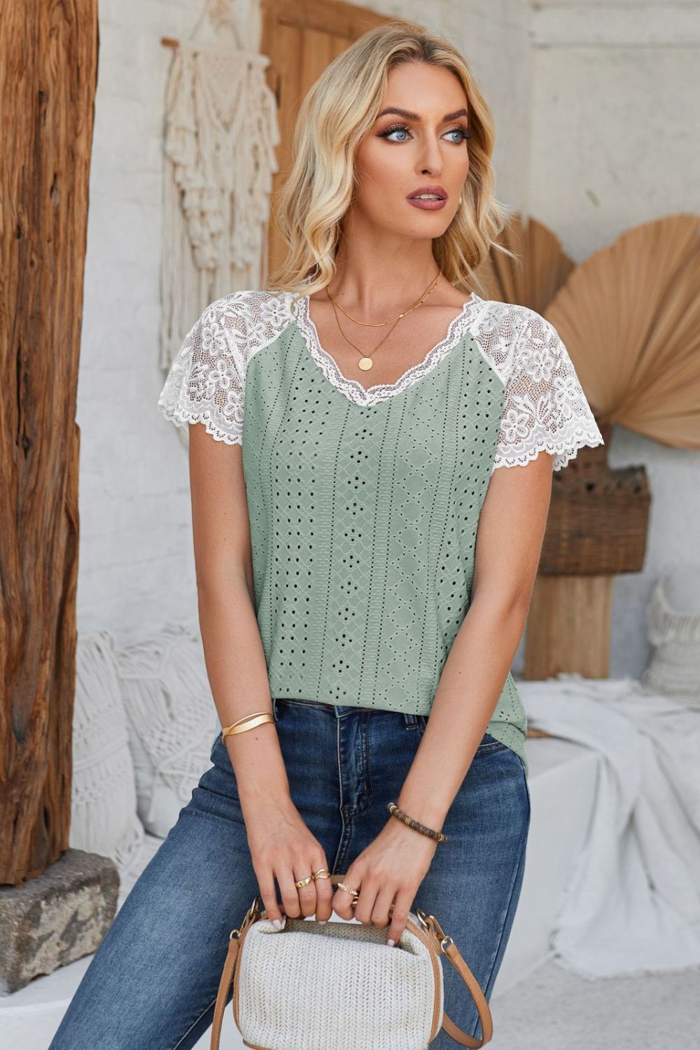 Eyelet V-Neck Lace Short Sleeve T-Shirt-Angel Casuals