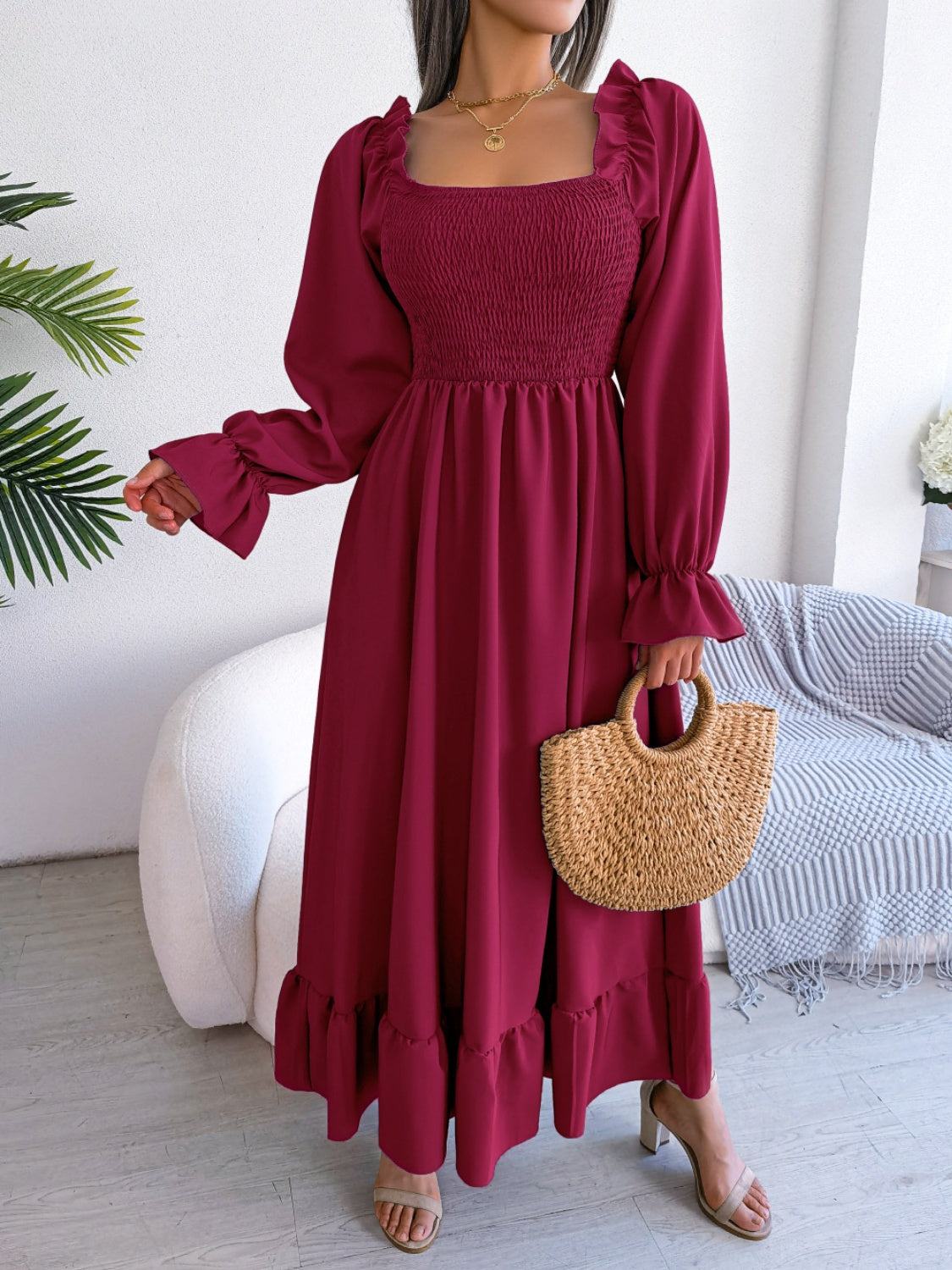 Smocked Square Neck Flounce Sleeve Dress-Angel Casuals