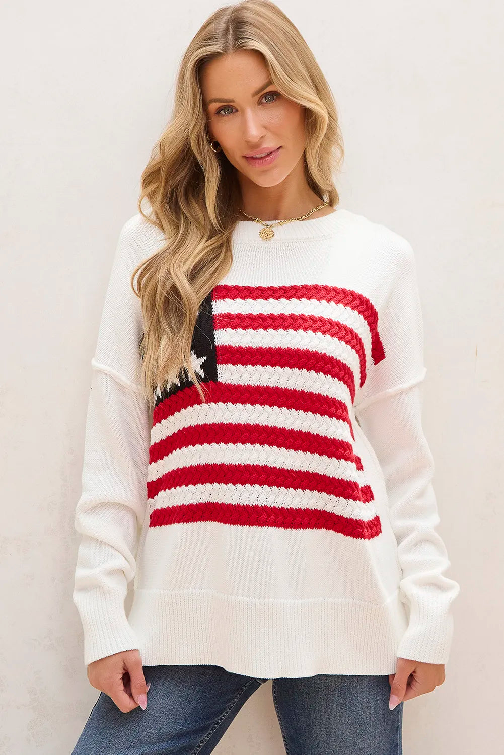 US Flag Round Neck Long Sleeve Knit Top-Angel Casuals