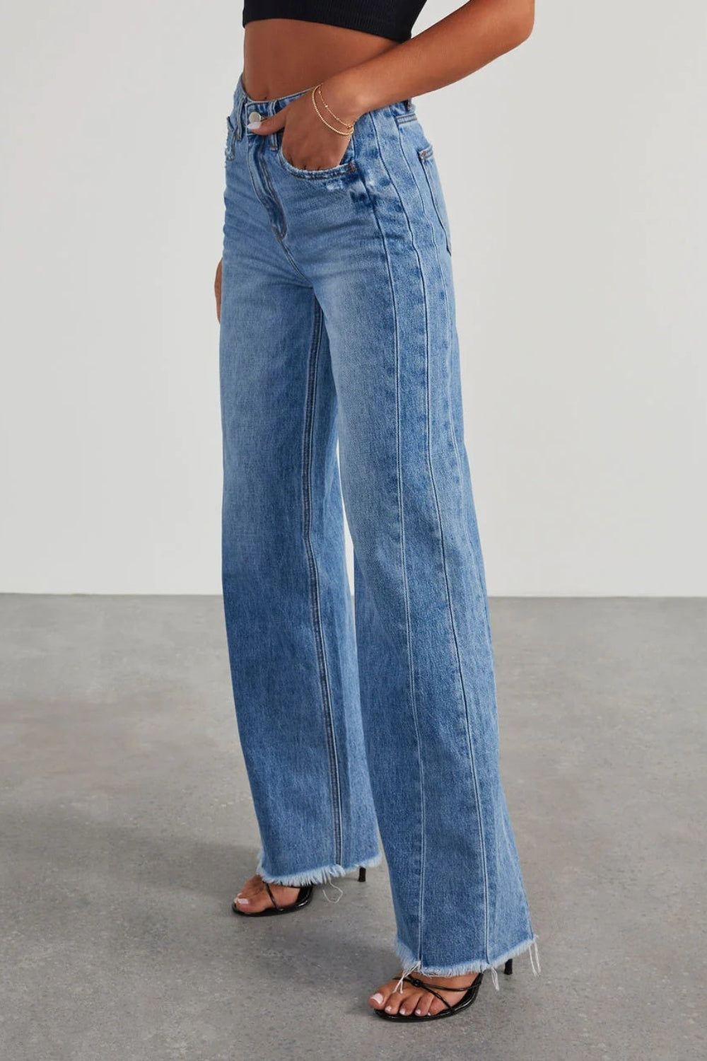 Raw Hem Wide Leg Jeans with Pockets-Angel Casuals