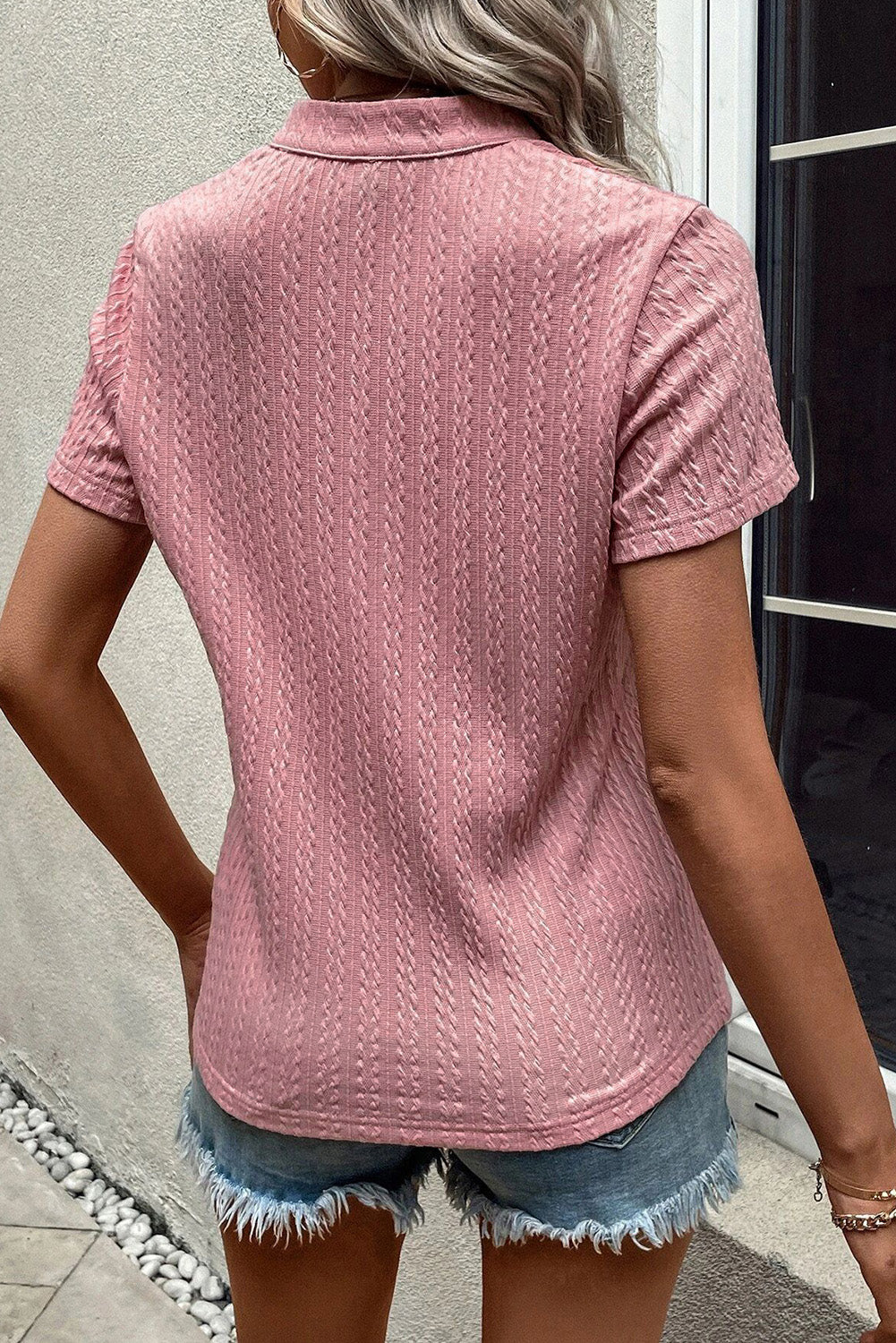 Textured Notched Short Sleeve T-Shirt-Angel Casuals