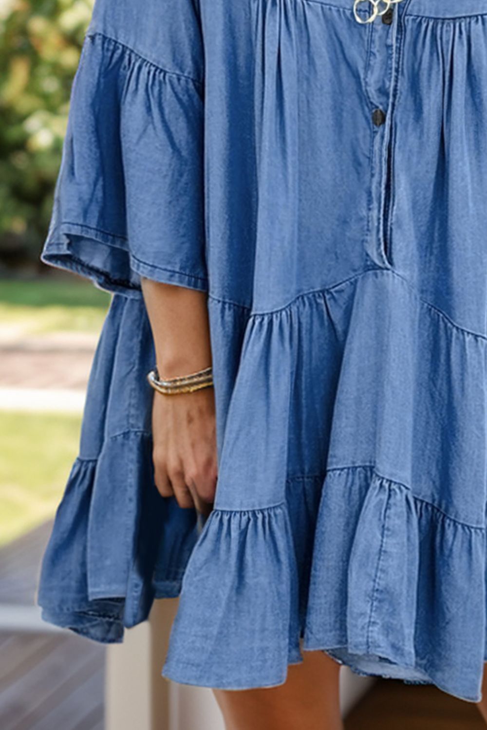 Notched Flare Sleeve Denim Dress-Angel Casuals