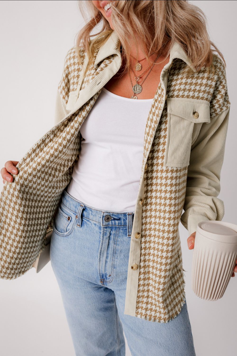 Houndstooth Button Up Long Sleeve Jacket-Angel Casuals