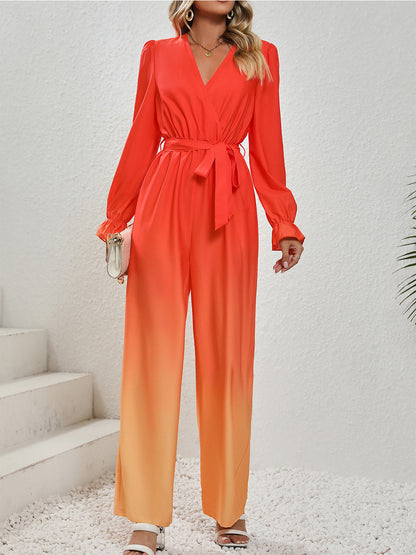 Gradient Tie Front Flounce Sleeve Jumpsuit-Angel Casuals