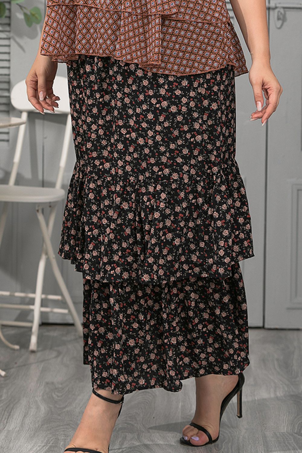 Plus Size Ditsy Floral Layered Maxi Skirt-Angel Casuals