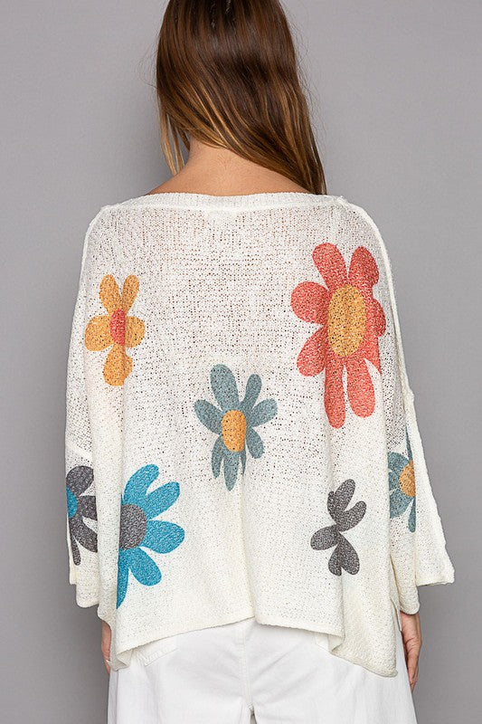 POL Flower Dropped Shoulder Long Sleeve Knit Top-Angel Casuals