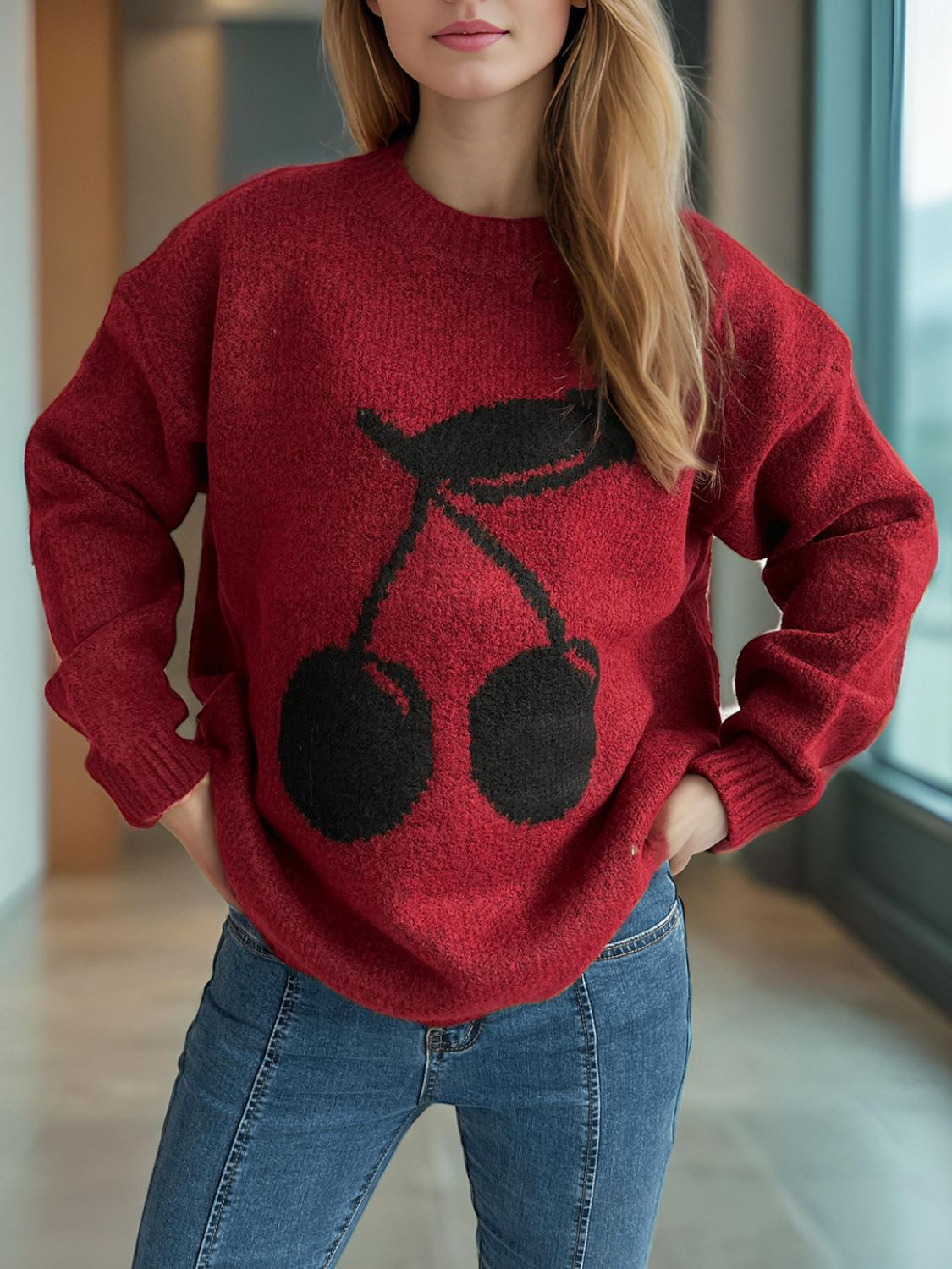 Cherry Round Neck Long Sleeve Sweater-Angel Casuals