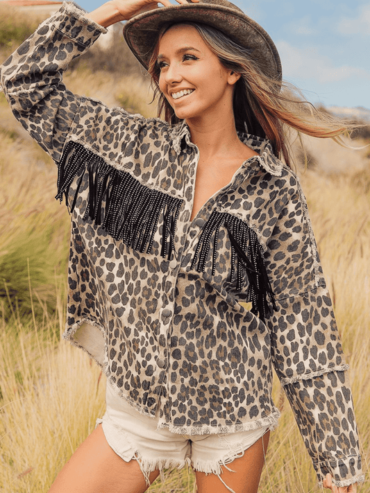 Leopard Fringe Detail Collared Neck Denim Jacket-Angel Casuals