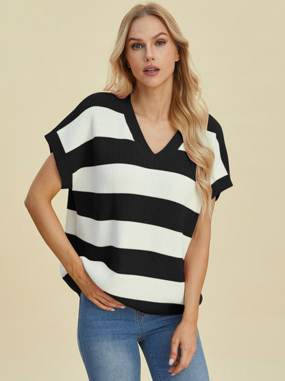 Double Take Full Size Striped V-Neck Short Sleeve Sweater-Angel Casuals