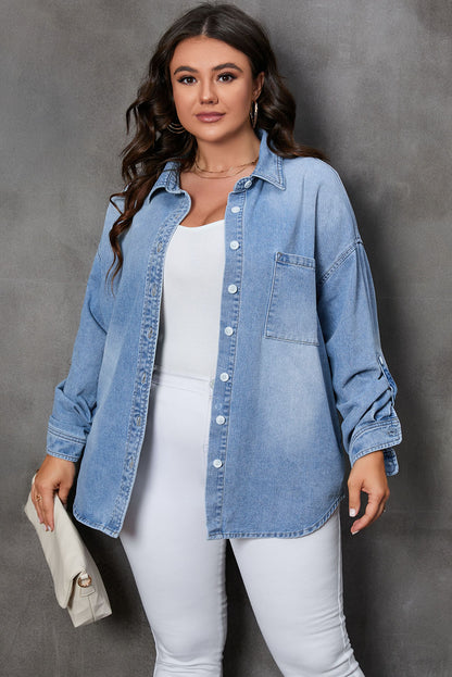 Plus Size Button Up Pocketed Denim Top-Angel Casuals