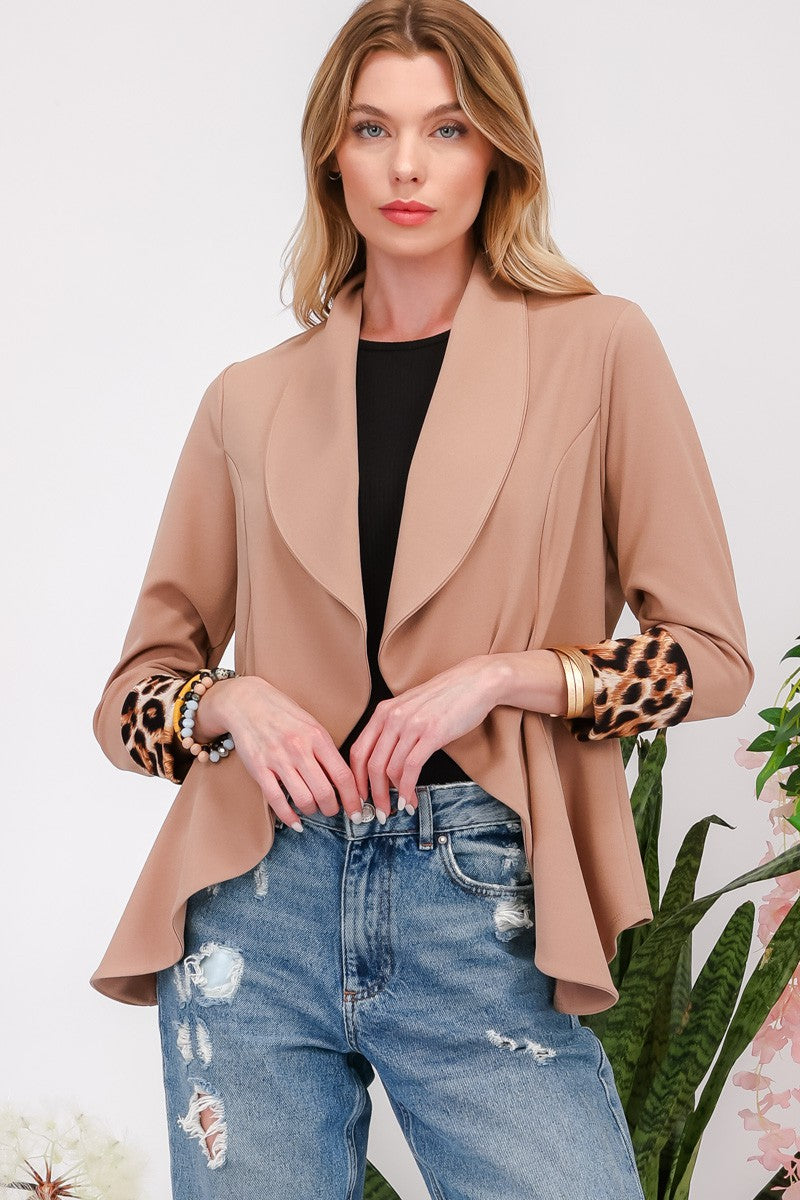 Celeste Full Size Rolled Leopard Cuff Open Front Blazer-Angel Casuals