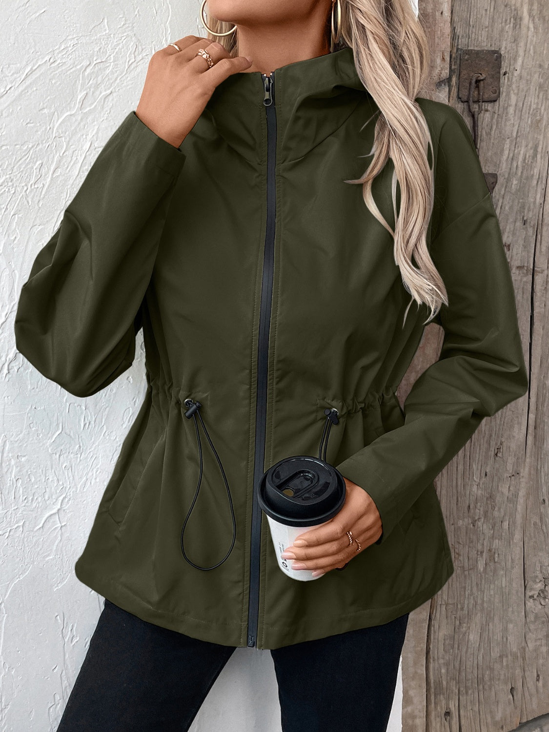 Ivy Lane Drawstring Zip Up Hooded Jacket-Angel Casuals
