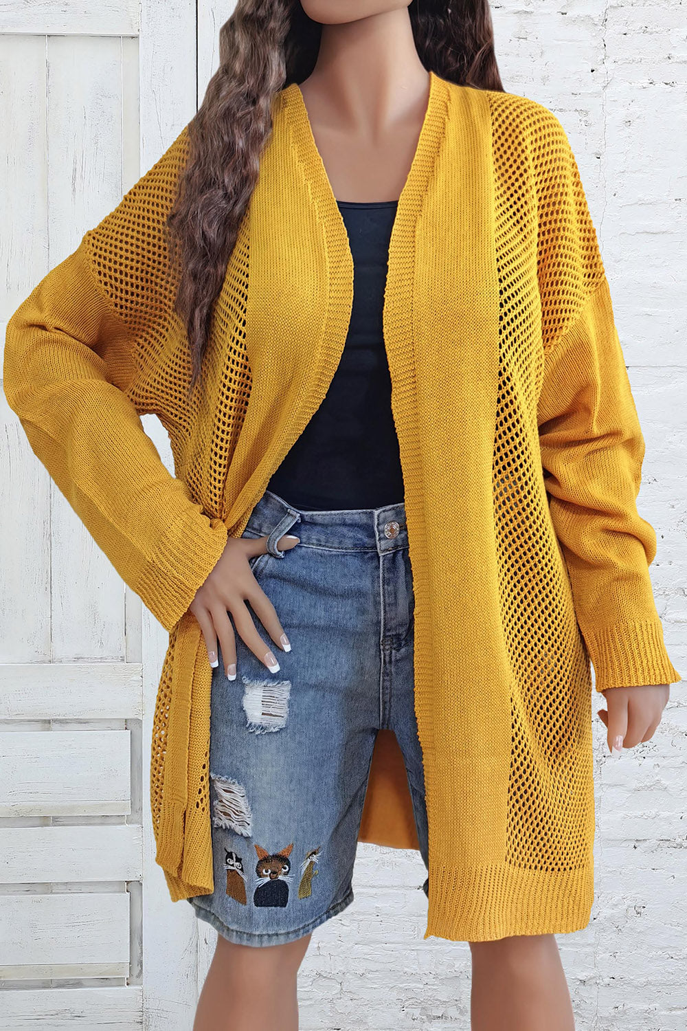 Plus Size Openwork Long Sleeve Open Front Cardigan-Angel Casuals