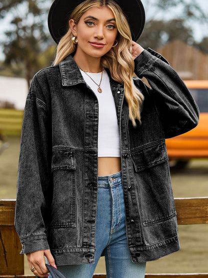 Dropped Shoulder Denim Jacket with Pockets-Angel Casuals