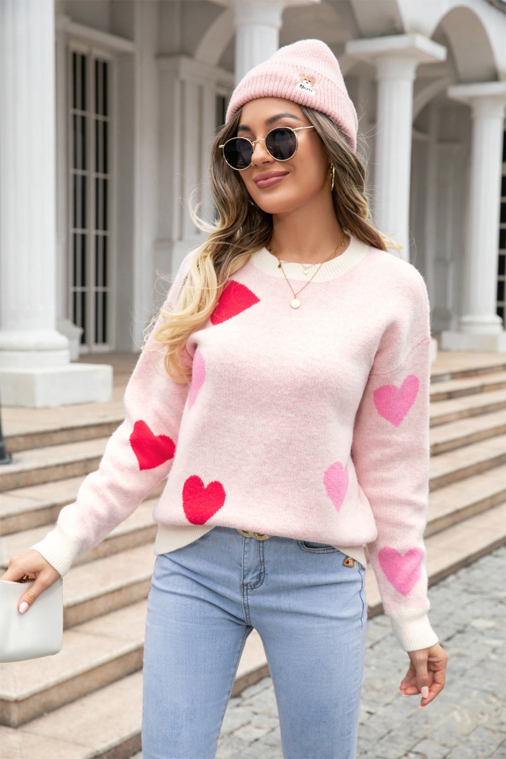 Angel Wings Heart Round Neck Droppped Shoulder Sweater-Angel Casuals