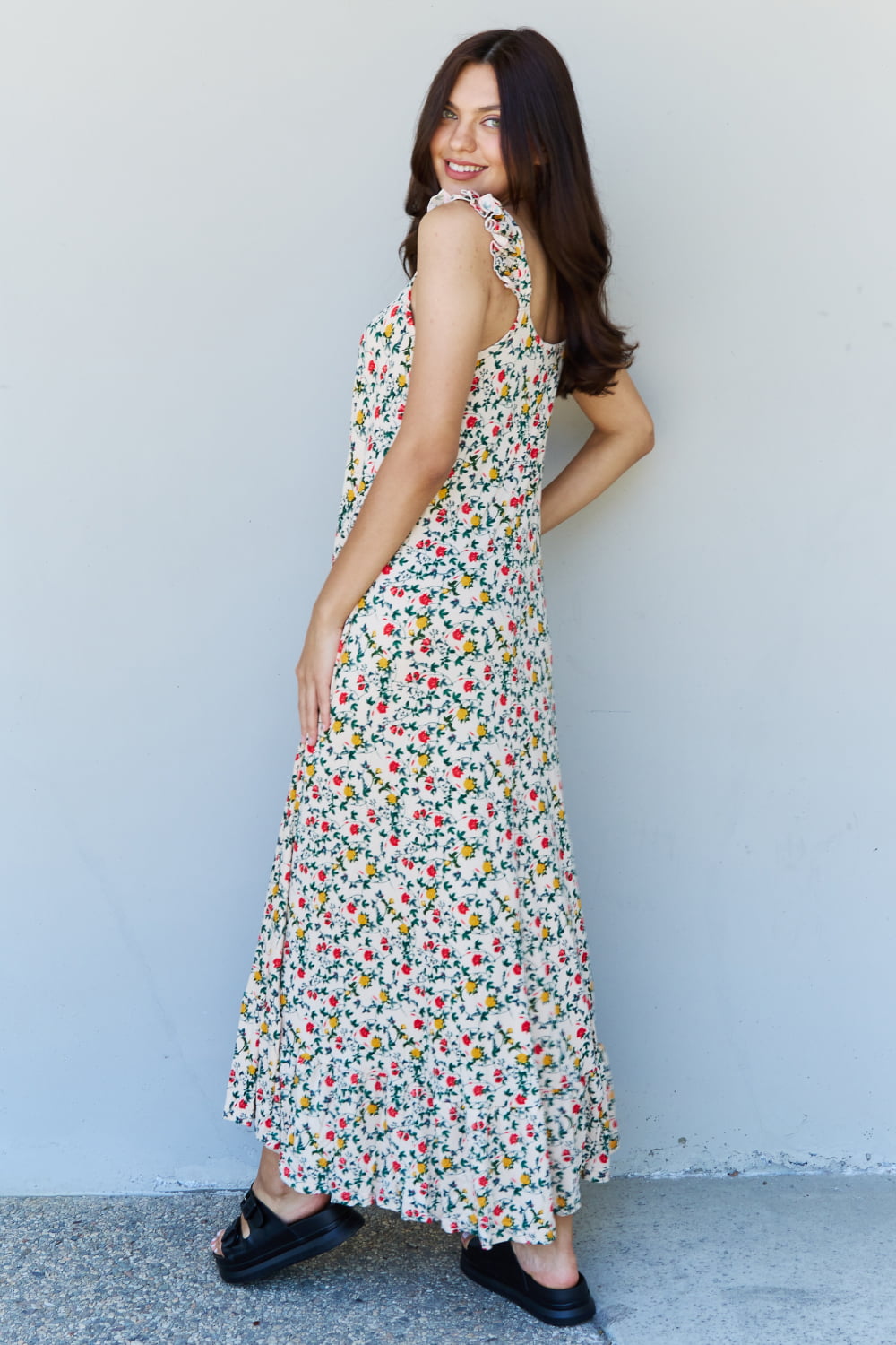 Doublju In The Garden Ruffle Floral Maxi Dress in Natural Rose-Angel Casuals