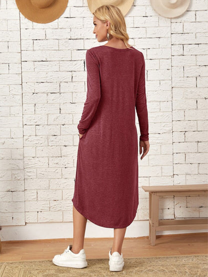 Pocketed Round Neck Long Sleeve Tee Dress-Angel Casuals