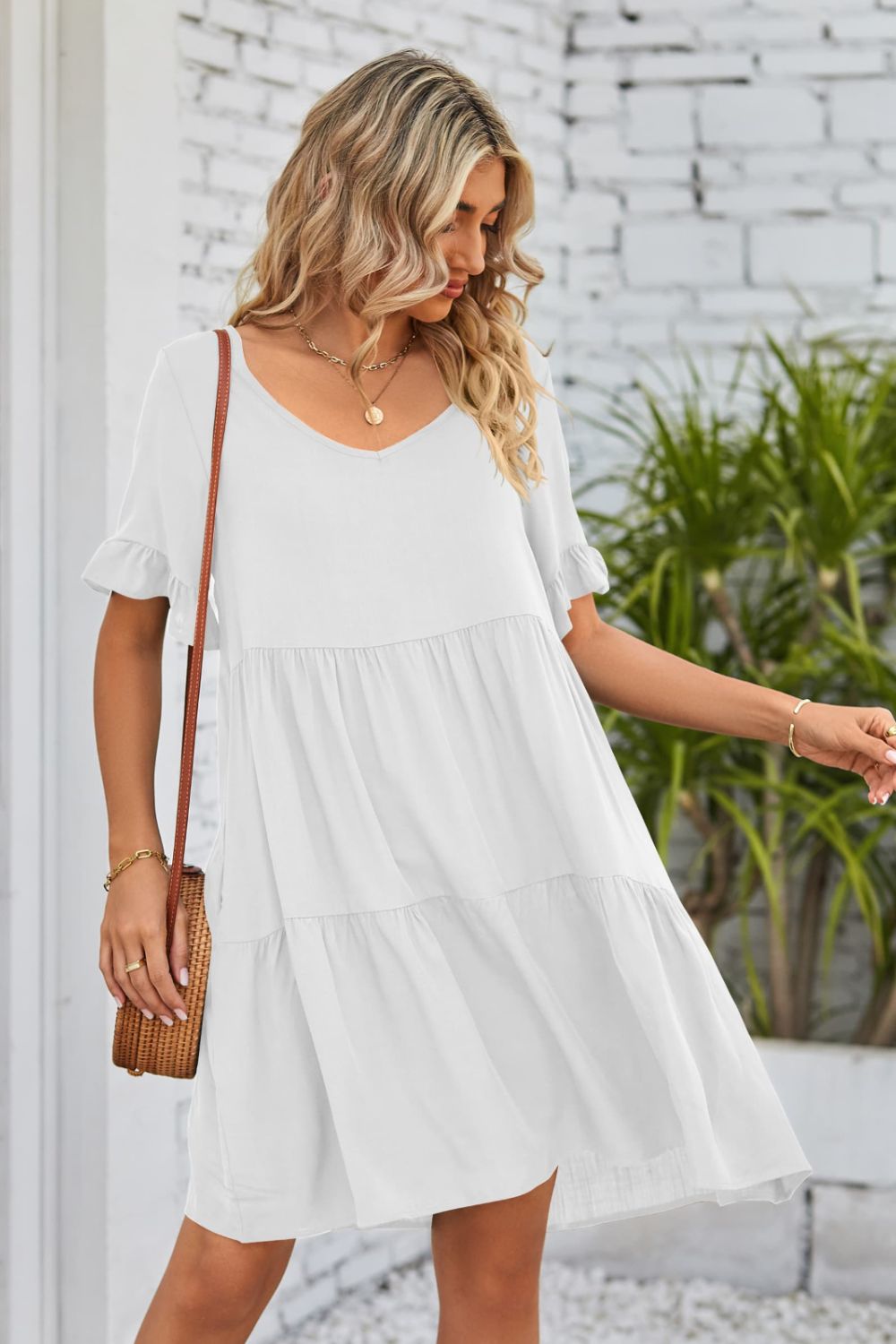 V-Neck Flounce Sleeve Tiered Dress-Angel Casuals