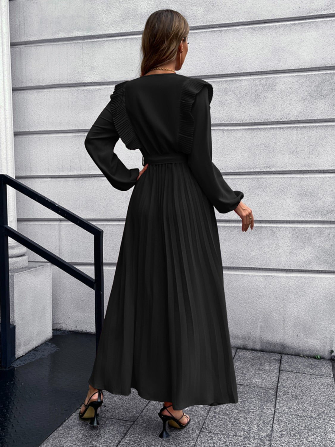 Pleated Surplice Tie Waist Maxi Dress-Angel Casuals