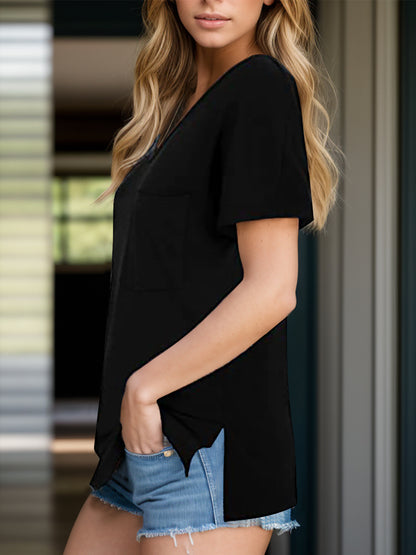 Pocketed Heathered V-Neck Short Sleeve T-Shirt-Angel Casuals
