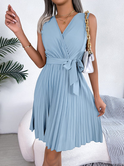 Tied Surplice Sleeveless Pleated Dress-Angel Casuals