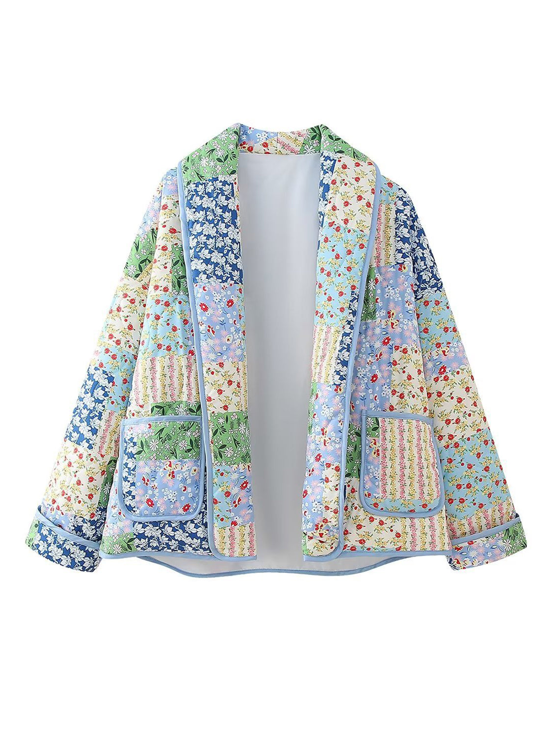 Printed Patchwork Open Front Cardigan with Pockets-Angel Casuals