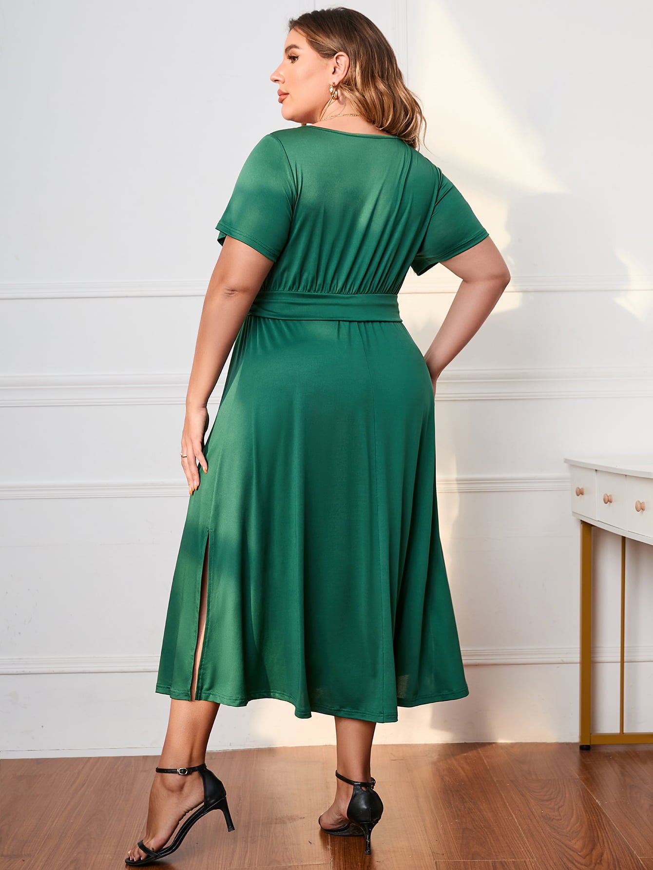 Plus Size Short Sleeve Surplice Neck Midi Dress-Angel Casuals