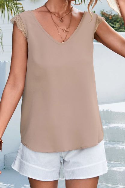 Lace Detail Eyelash Trim V-Neck Tank-Angel Casuals