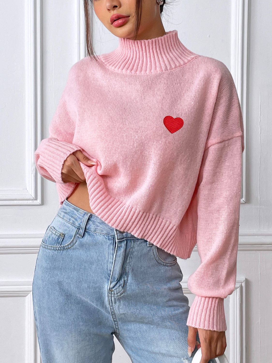 Heart Turtleneck Long Sleeve Sweater-Angel Casuals