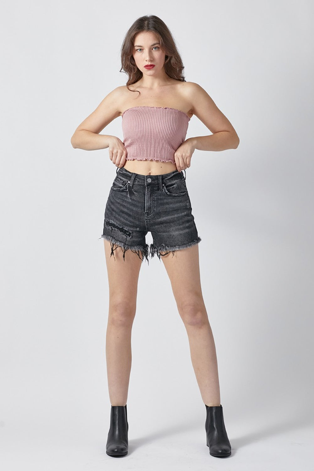 RISEN Raw Hem Denim Shorts with Pockets-Angel Casuals