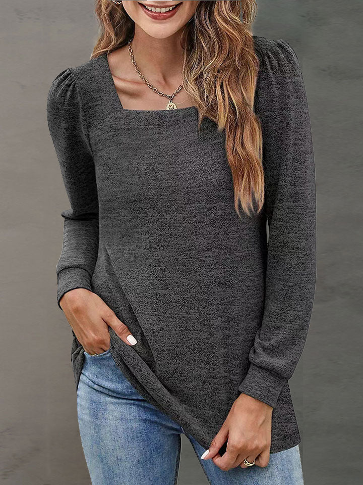 Heathered Square Neck Long Sleeve T-Shirt-Angel Casuals