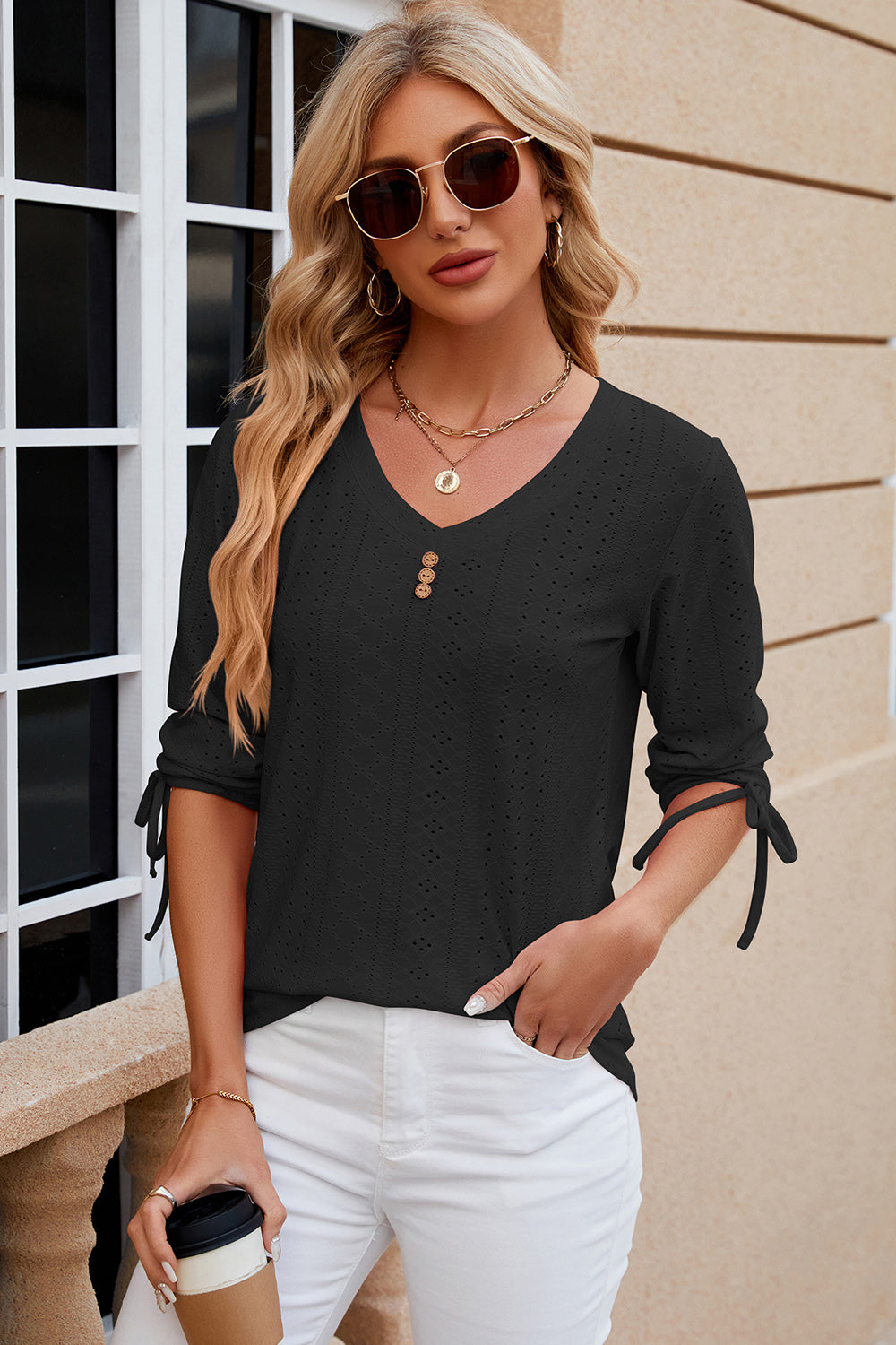 Eyelet Drawstring V-Neck Half Sleeve T-Shirt-Angel Casuals