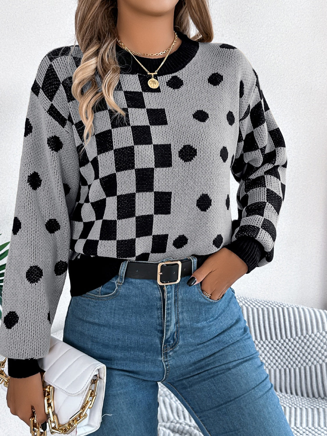 Plaid Round Neck Long Sleeve Sweater-Angel Casuals