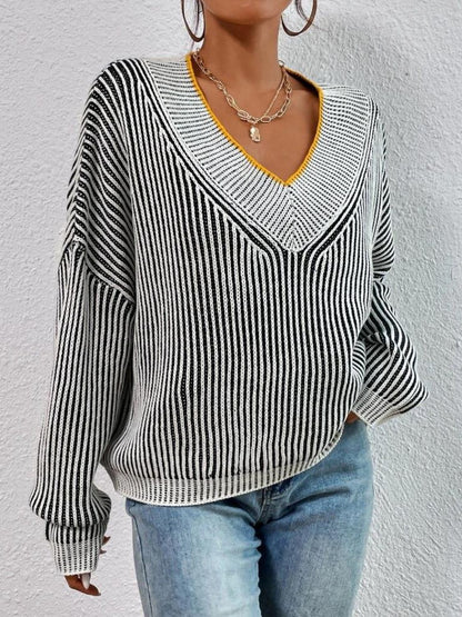 Striped V-Neck Long Sleeve Sweater-Angel Casuals