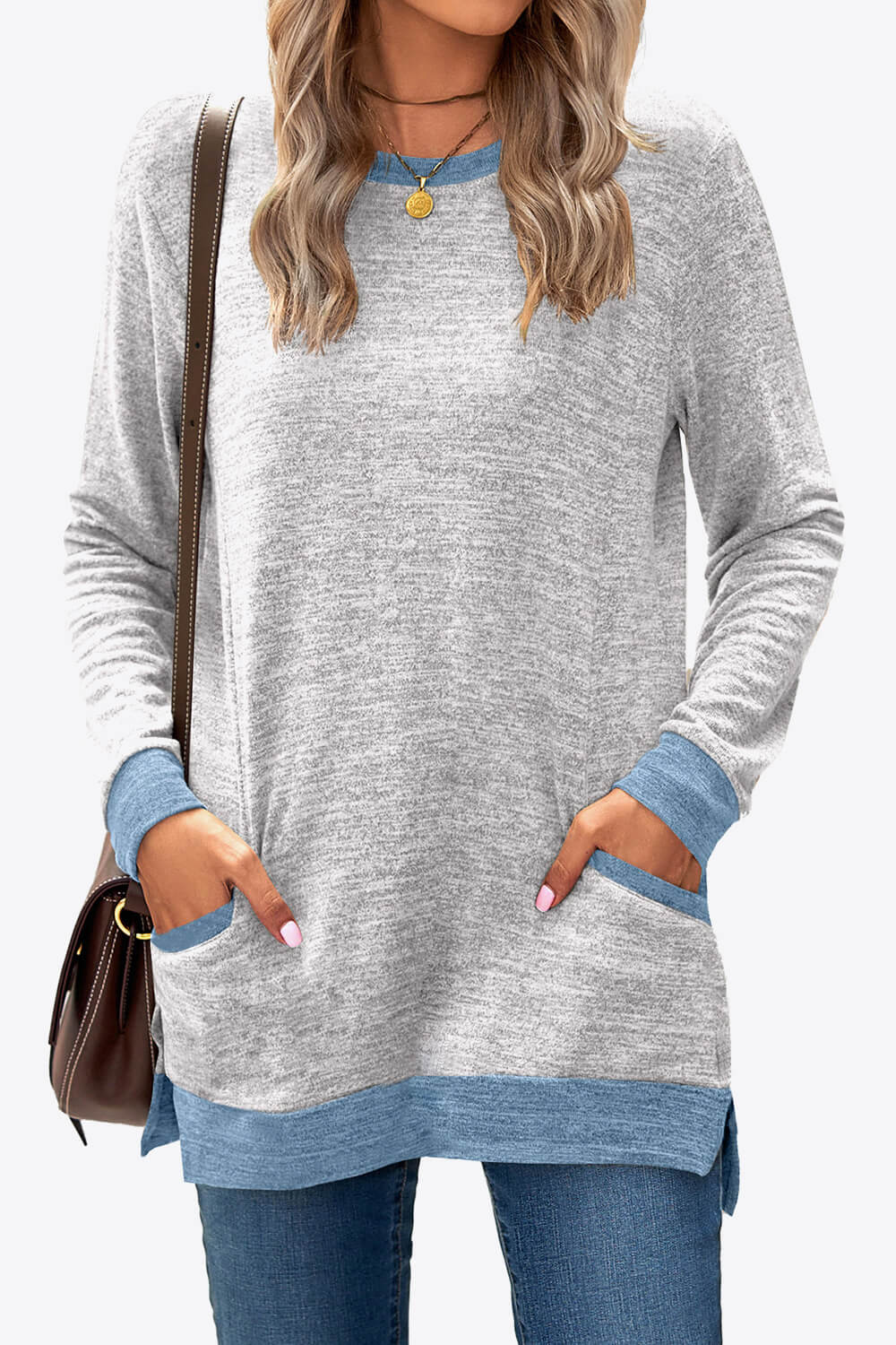 Heathered Slit Top with Pockets-Angel Casuals