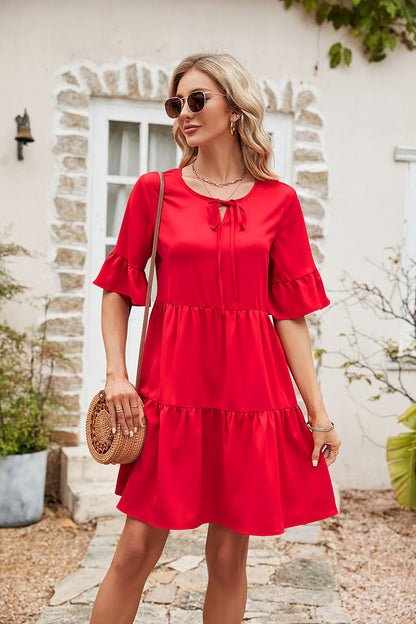 Ruffle Trim Tie Neck Flounce Sleeve Tiered Dress-Angel Casuals