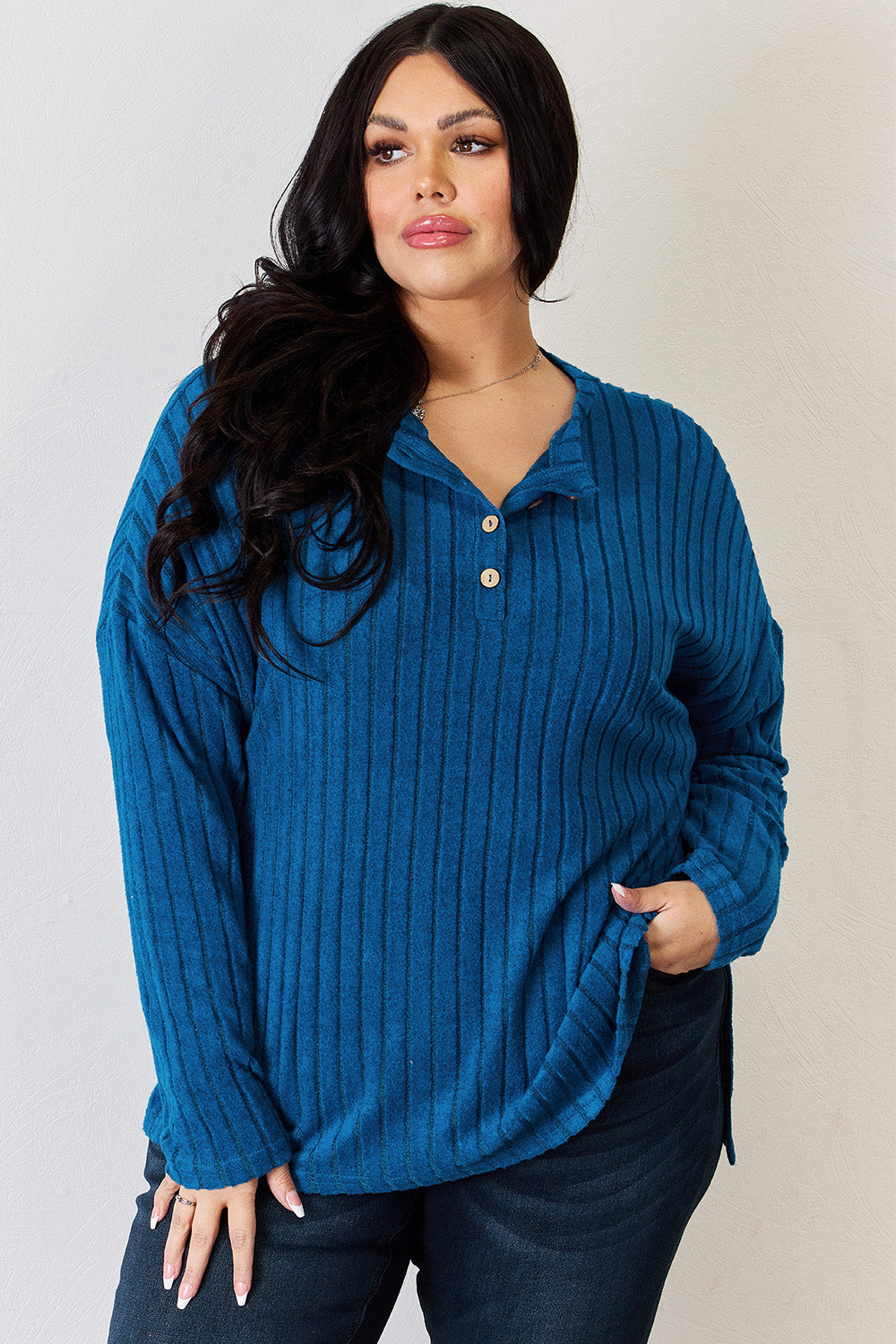 Basic Bae Full Size Ribbed Half Button Long Sleeve High-Low T-Shirt-Angel Casuals