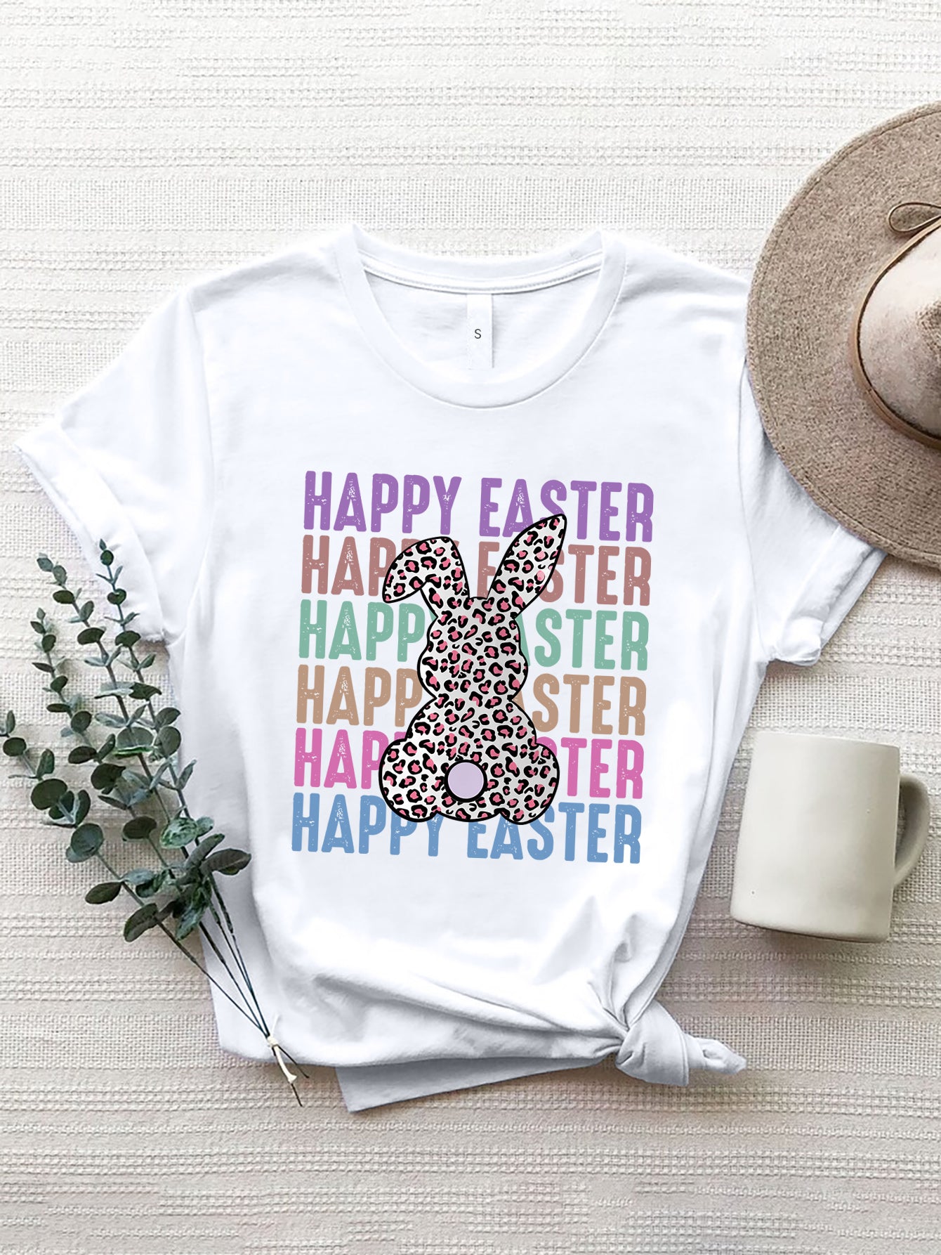 HAPPY EASTER Round Neck Short Sleeve T-Shirt-Angel Casuals