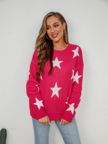 Angel Wings Star Round Neck Dropped Shoulder Sweater-Angel Casuals