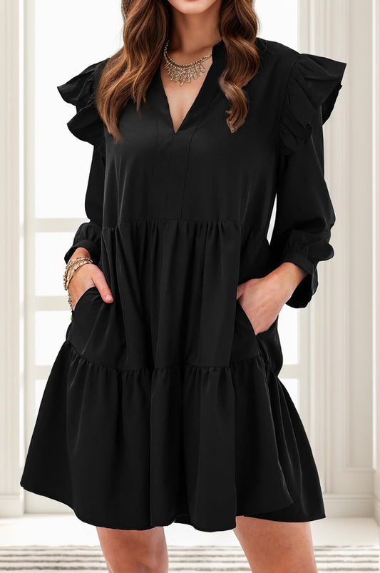 Ruffled V-Neck Long Sleeve Mini Dress-Angel Casuals