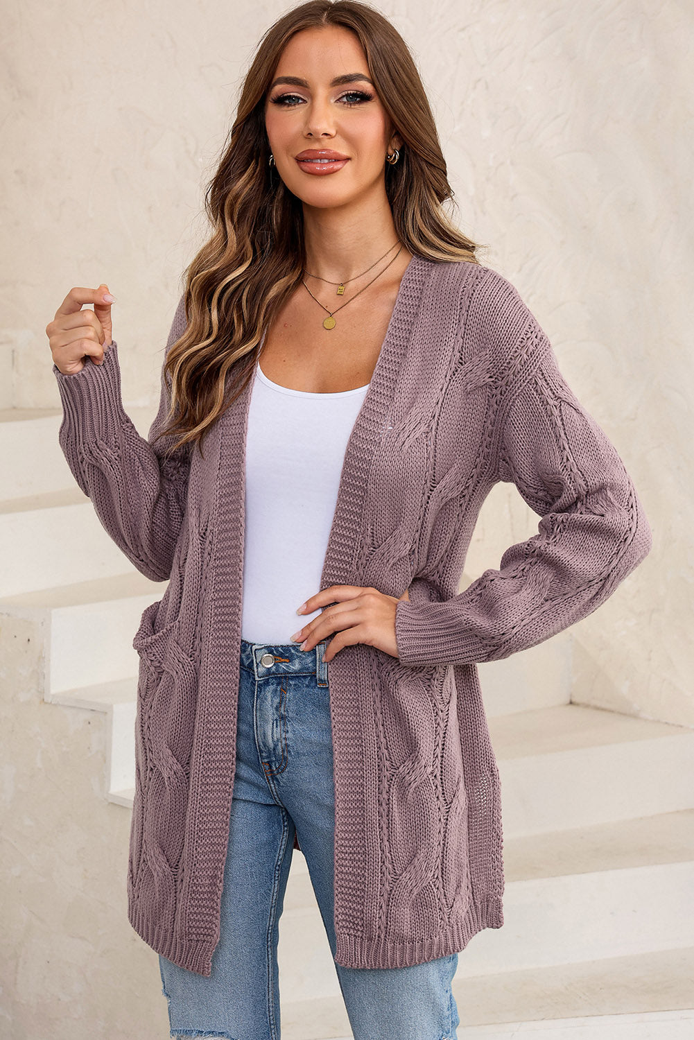 Cable-Knit Dropped Shoulder Slit Cardigan-Angel Casuals