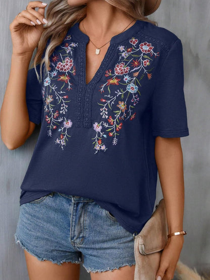 Embroidered Notched Short Sleeve T-Shirt-Angel Casuals