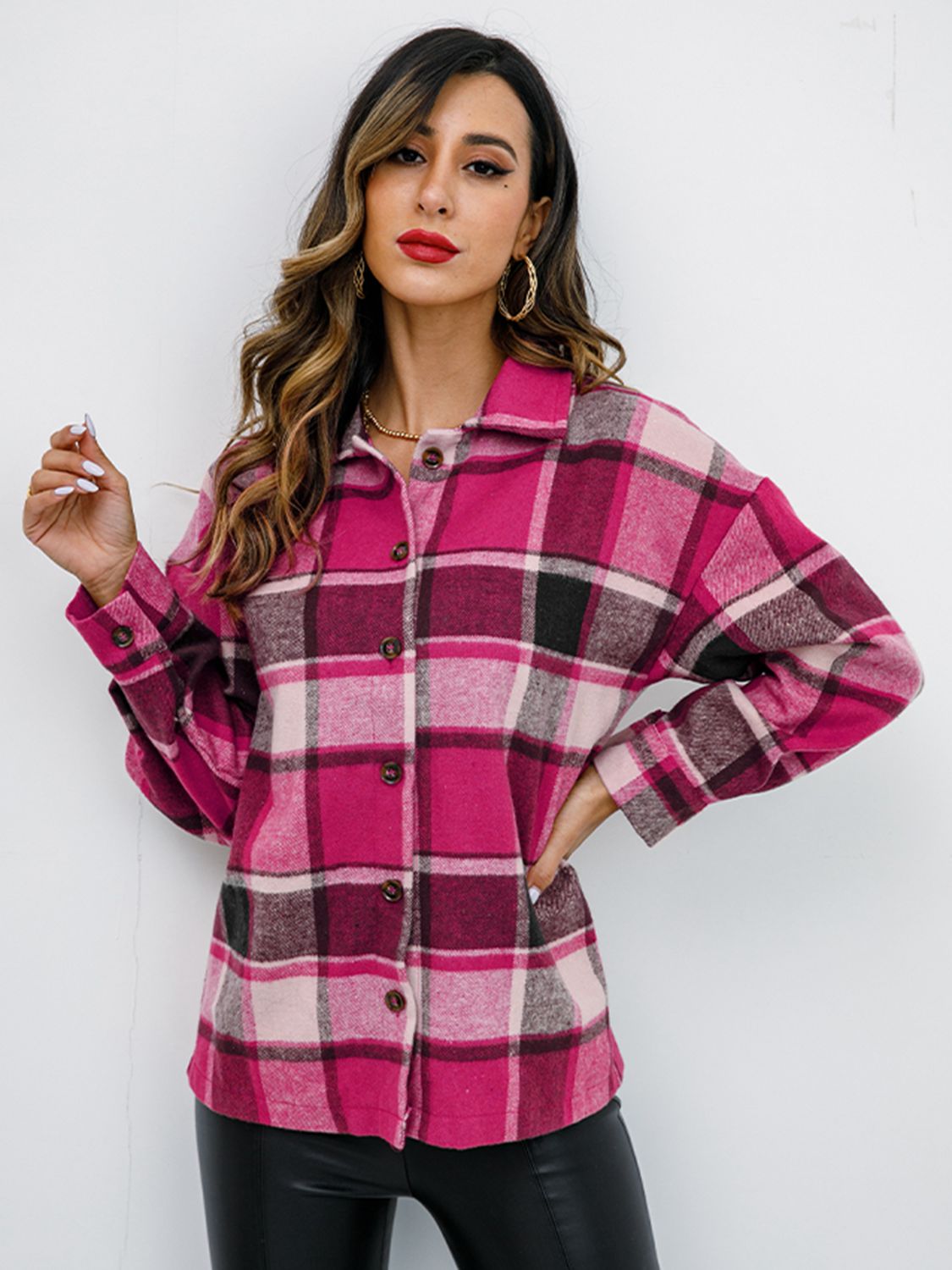 Plaid Button Up Collared Neck Jacket-Angel Casuals