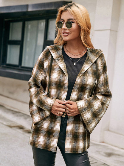 Ivy Lane Pocketed Plaid Long Sleeve Hooded Jacket-Angel Casuals