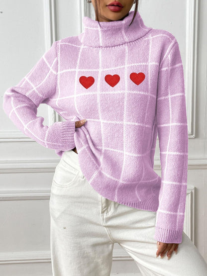 Heart Plaid Turtleneck Long Sleeve Sweater-Angel Casuals