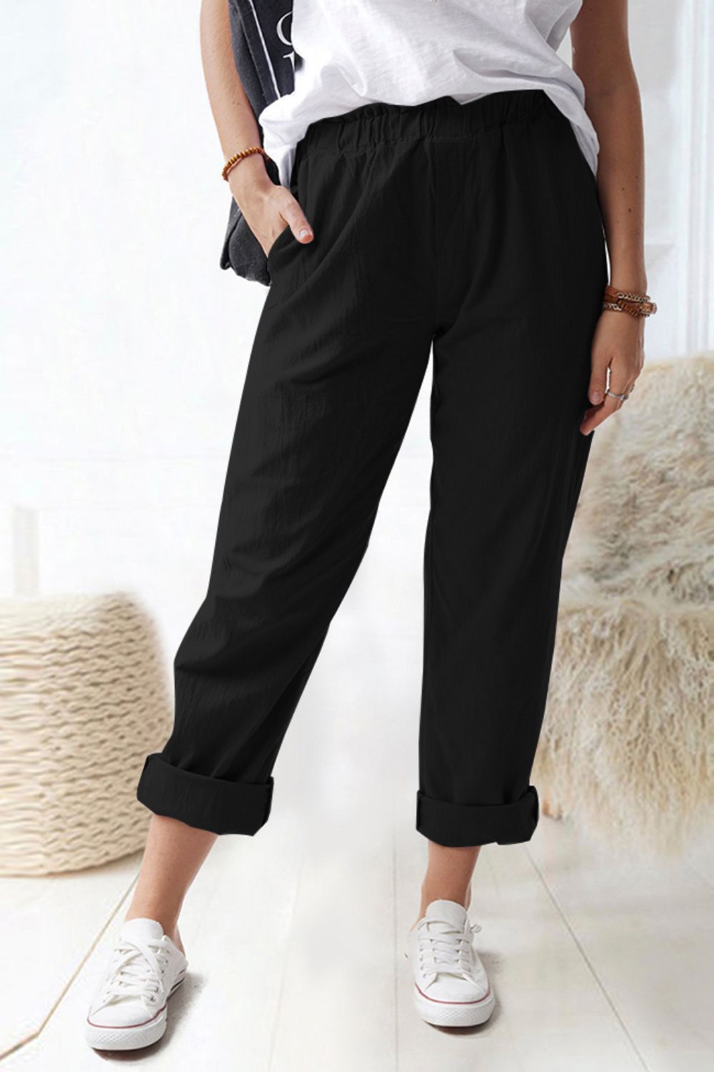 Paperbag Waist Pull-On Pants with Pockets-Angel Casuals