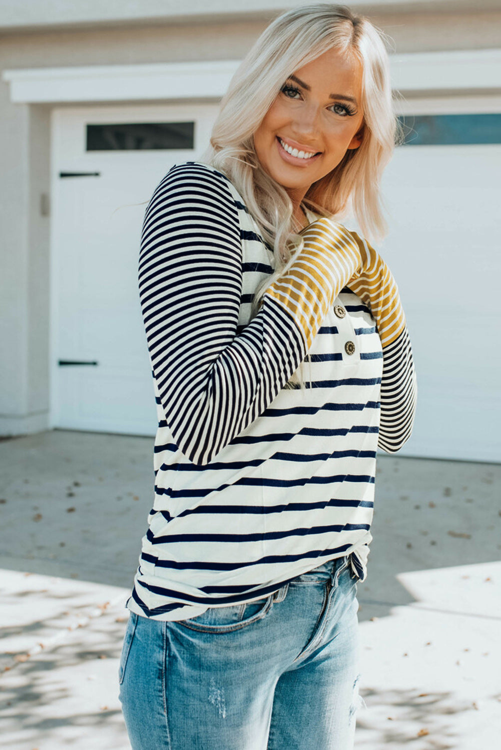 Striped Buttoned Long Sleeve Top-Angel Casuals