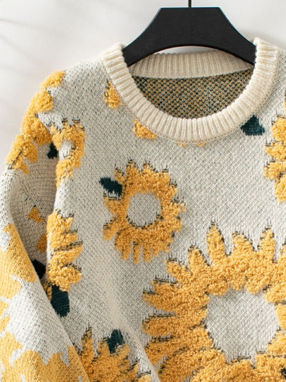 Sunflower Round Neck Long Sleeve Sweater-Angel Casuals